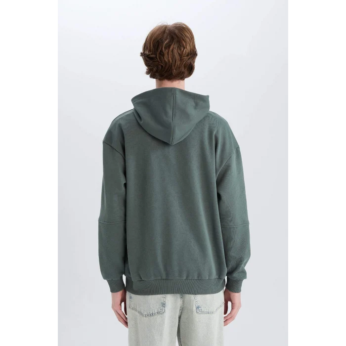 Defacto D6998 Yeşil Boxy Fit Kapüşonlu Yarım Fermuarlı Baskılı Sweatshirt