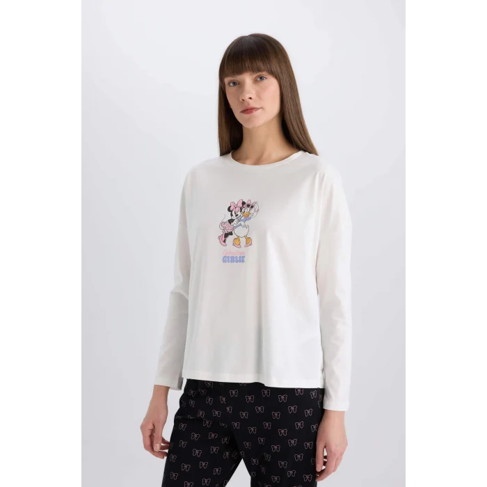 Defacto D8464 Siyah Disney Mickey Mouse &Friends Pijama Takımı Uzun Kollu Üst Esnek Belli Uzun Alt-Fall in Love