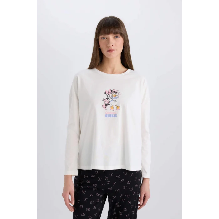 Defacto D8464 Siyah Disney Mickey Mouse &Friends Pijama Takımı Uzun Kollu Üst Esnek Belli Uzun Alt-Fall in Love