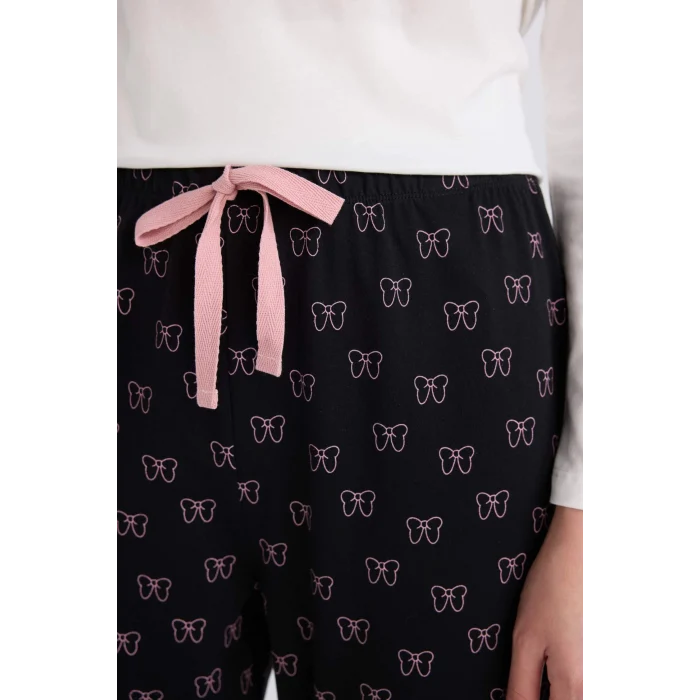 Defacto D8464 Siyah Disney Mickey Mouse &Friends Pijama Takımı Uzun Kollu Üst Esnek Belli Uzun Alt-Fall in Love