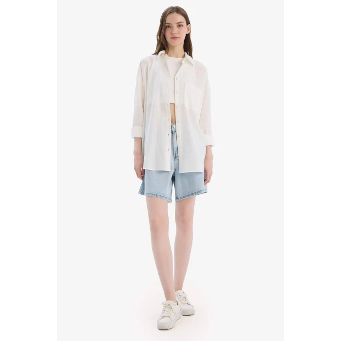 Defacto X2232 Beyaz Oversize Geniş Kalıp Müslin Uzun Kollu Gömlek