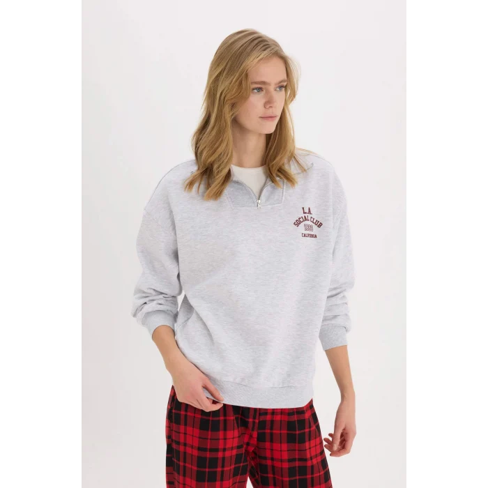 Defacto E9281 Gri Coool Oversize Geniş Kalıp Fermuarlı Dik Yaka Baskılı Kalın Sweatshirt