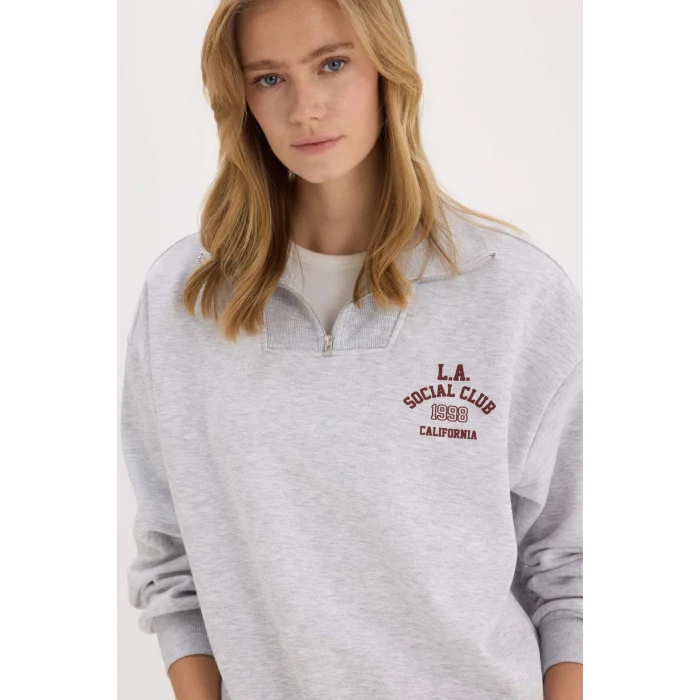 Defacto E9281 Gri Coool Oversize Geniş Kalıp Fermuarlı Dik Yaka Baskılı Kalın Sweatshirt