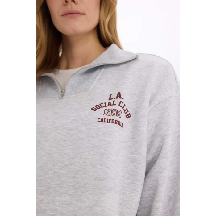Defacto E9281 Gri Coool Oversize Geniş Kalıp Fermuarlı Dik Yaka Baskılı Kalın Sweatshirt