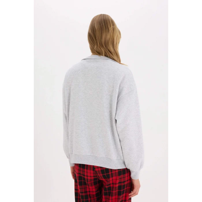 Defacto E9281 Gri Coool Oversize Geniş Kalıp Fermuarlı Dik Yaka Baskılı Kalın Sweatshirt