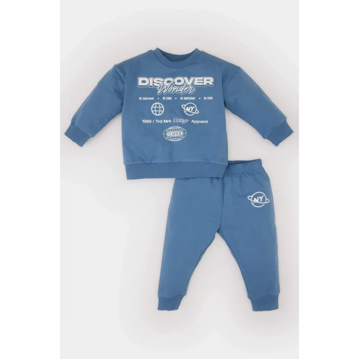 Defacto D7922 Mavi Erkek Bebek 2li Takım Baskılı Sweatshirt Beli Lastikli Eşofman Altı