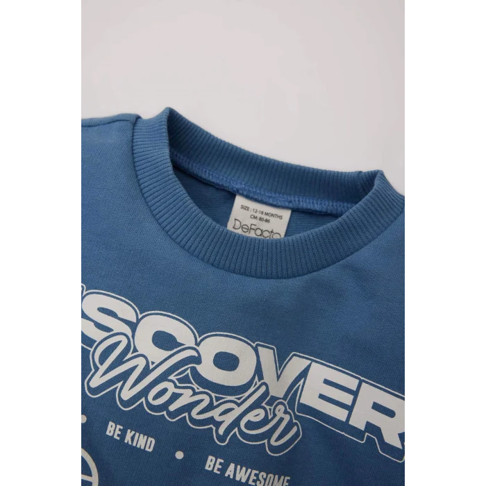 Defacto D7922 Mavi Erkek Bebek 2li Takım Baskılı Sweatshirt Beli Lastikli Eşofman Altı
