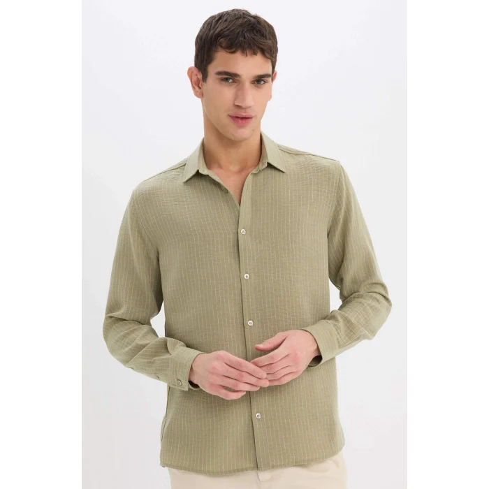 Defacto E1210 Haki Regular Fit İtalyan Yaka Keten Görünümlü Uzun Kollu Gömlek