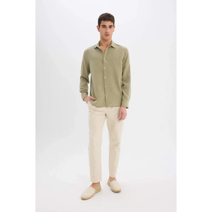 Defacto E1210 Haki Regular Fit İtalyan Yaka Keten Görünümlü Uzun Kollu Gömlek