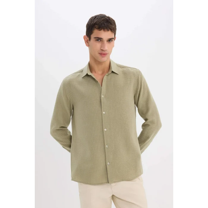 Defacto E1210 Haki Regular Fit İtalyan Yaka Keten Görünümlü Uzun Kollu Gömlek