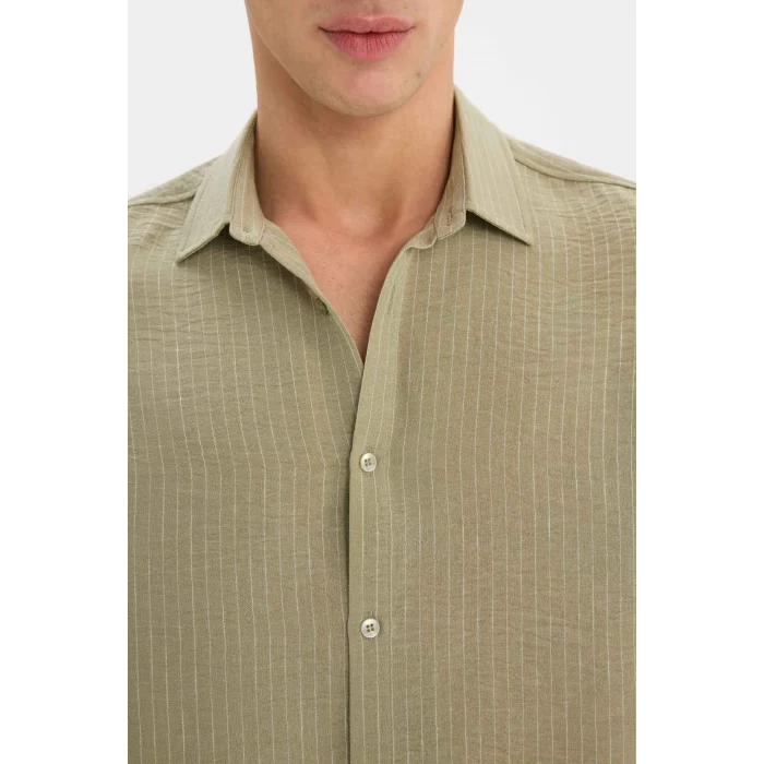 Defacto E1210 Haki Regular Fit İtalyan Yaka Keten Görünümlü Uzun Kollu Gömlek