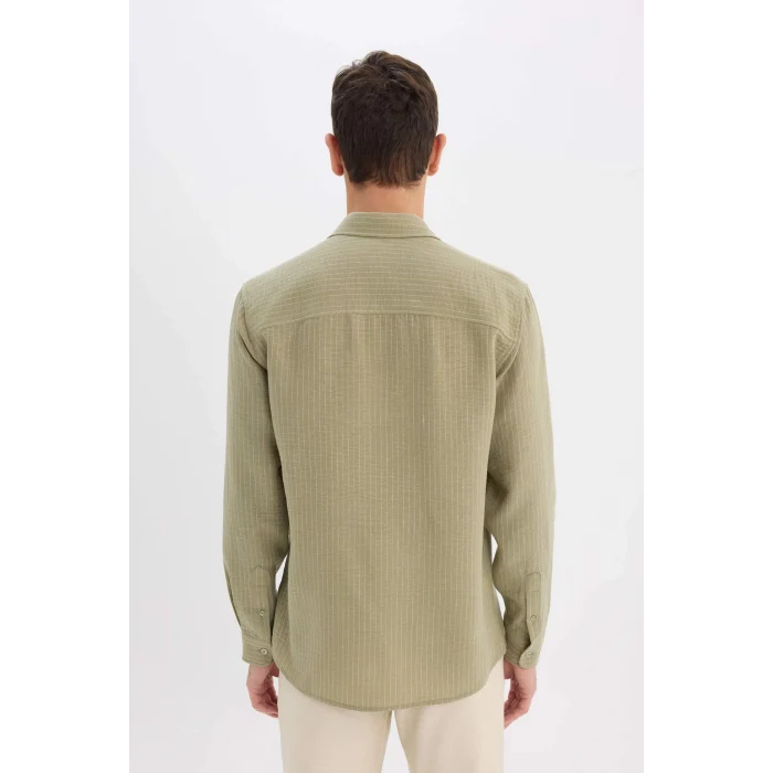 Defacto E1210 Haki Regular Fit İtalyan Yaka Keten Görünümlü Uzun Kollu Gömlek