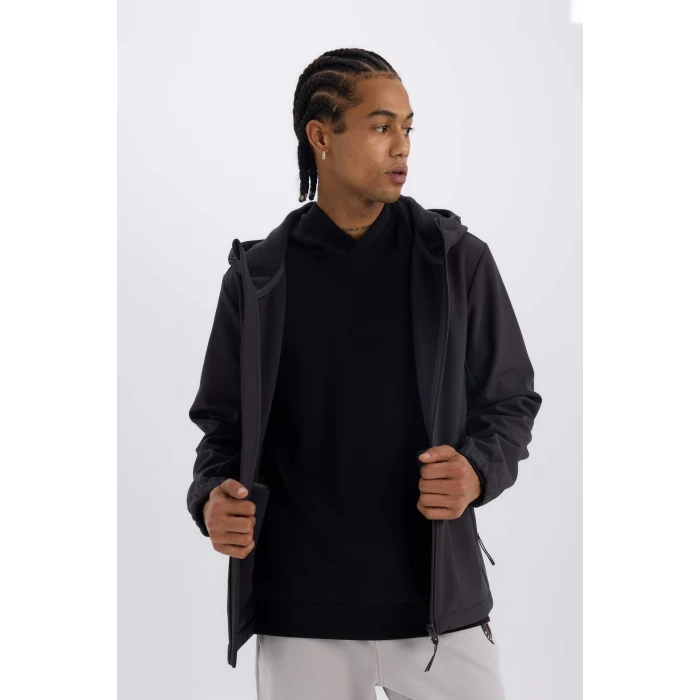 Defacto D6178 Antrasit DeFactoFit Su İtici Regular Fit Kapüşonlu Fermuarlı Softshell Mont