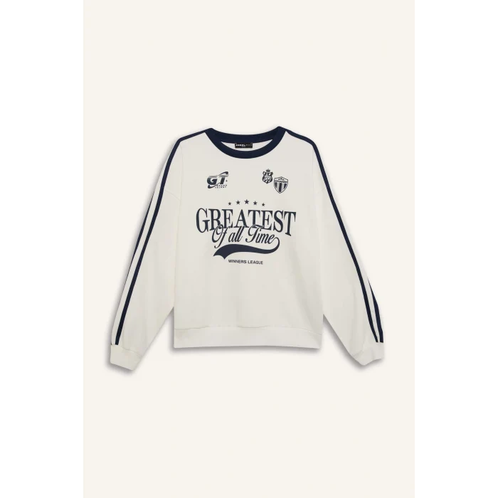 Defacto D5957 Beyaz Coool Oversize Geniş Kalıp Bisiklet Yaka Baskılı Kalın Kumaş Sweatshirt