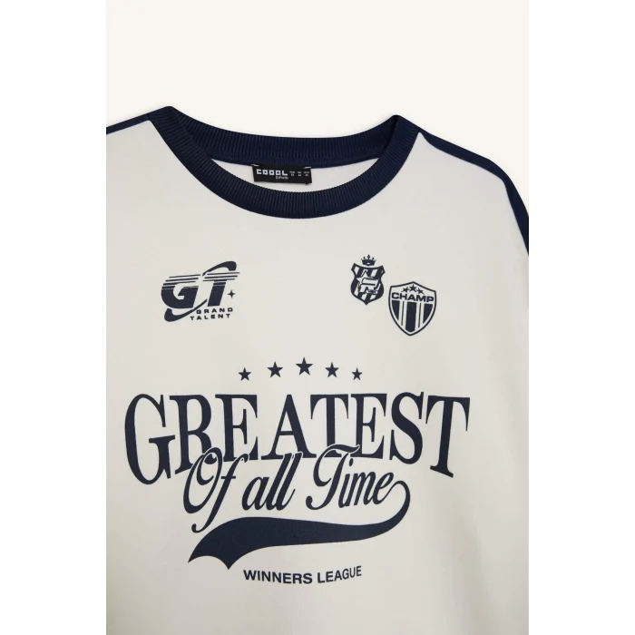 Defacto D5957 Beyaz Coool Oversize Geniş Kalıp Bisiklet Yaka Baskılı Kalın Kumaş Sweatshirt