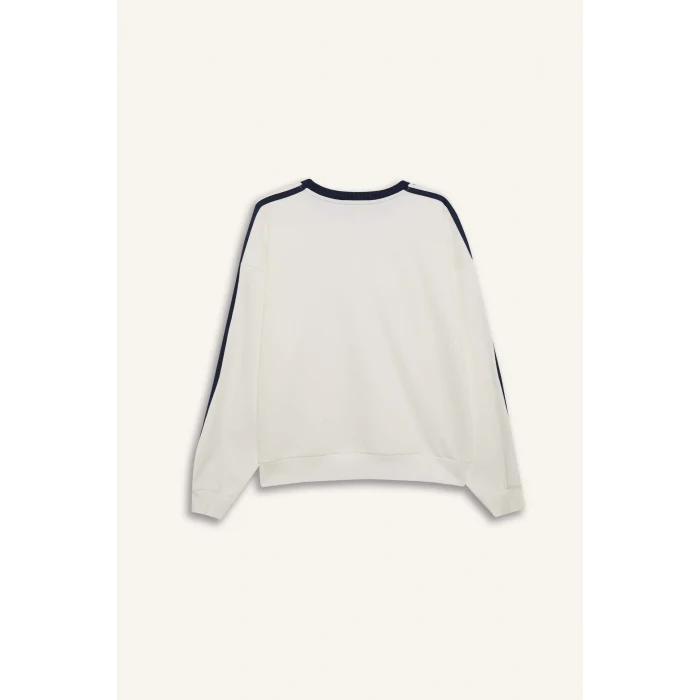 Defacto D5957 Beyaz Coool Oversize Geniş Kalıp Bisiklet Yaka Baskılı Kalın Kumaş Sweatshirt