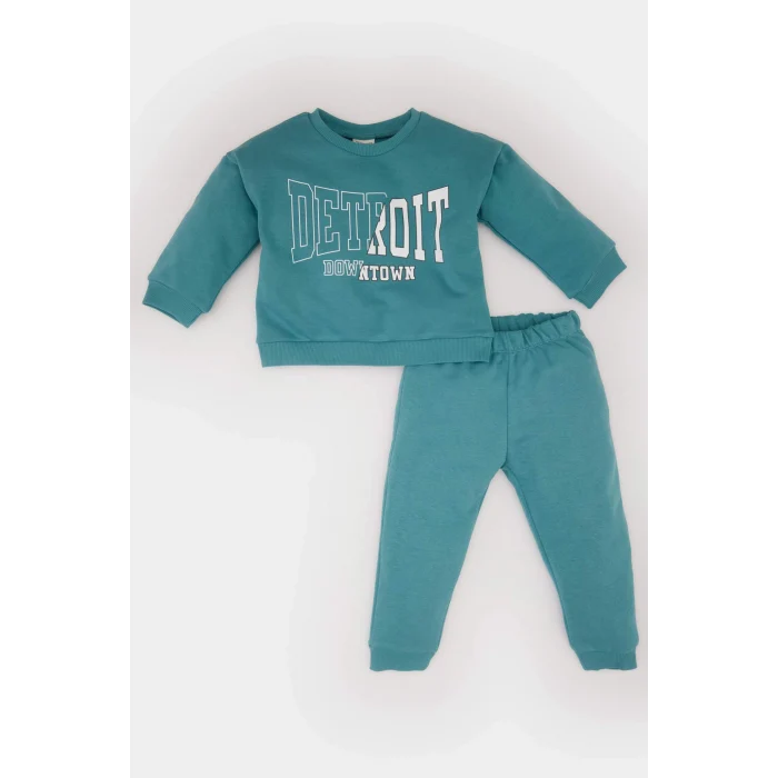 Defacto D7909 Mavi Erkek Bebek 2li Takım Bisiklet Yaka Baskılı Sweatshirt Beli Lastikli Eşofman Altı