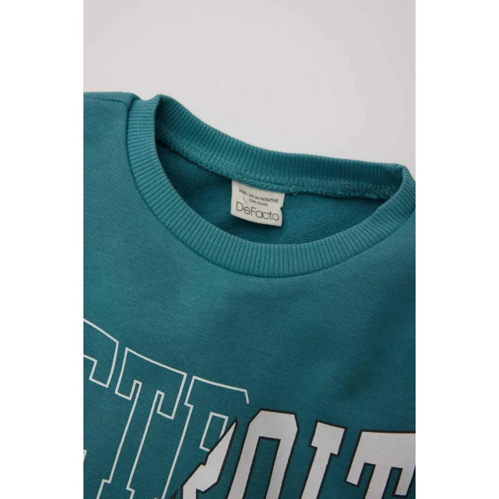 Defacto D7909 Mavi Erkek Bebek 2li Takım Bisiklet Yaka Baskılı Sweatshirt Beli Lastikli Eşofman Altı