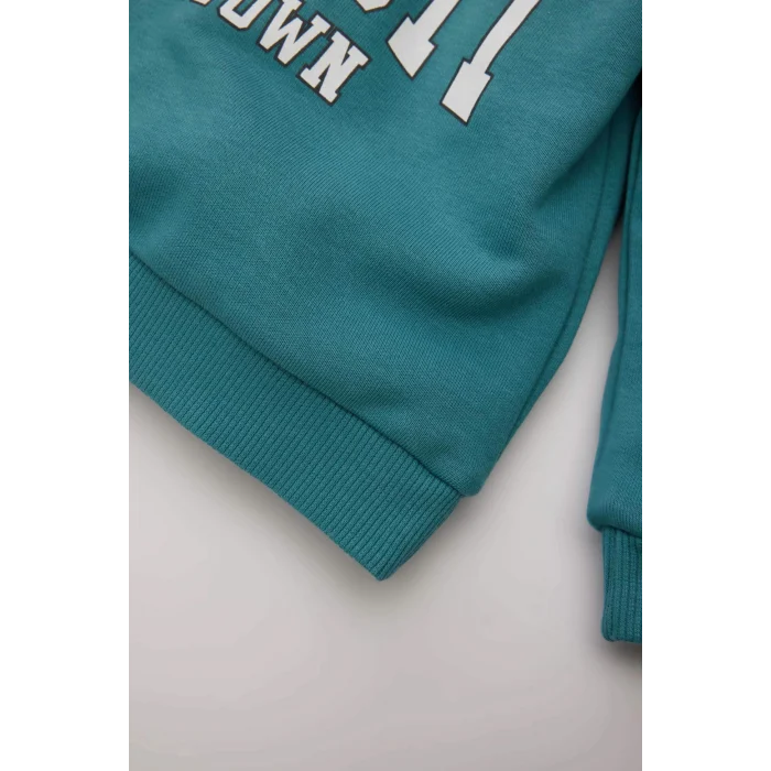 Defacto D7909 Mavi Erkek Bebek 2li Takım Bisiklet Yaka Baskılı Sweatshirt Beli Lastikli Eşofman Altı