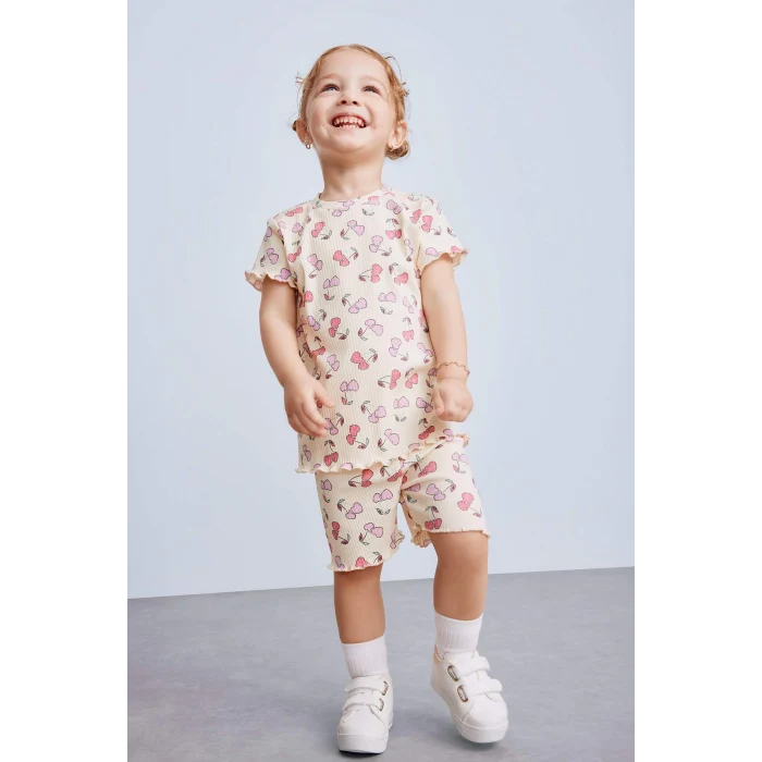 Defacto E0724 Ekru Kız Bebek 2li Takım Desenli Fitilli Kaşkorse Kısa Kollu Tişört Şort