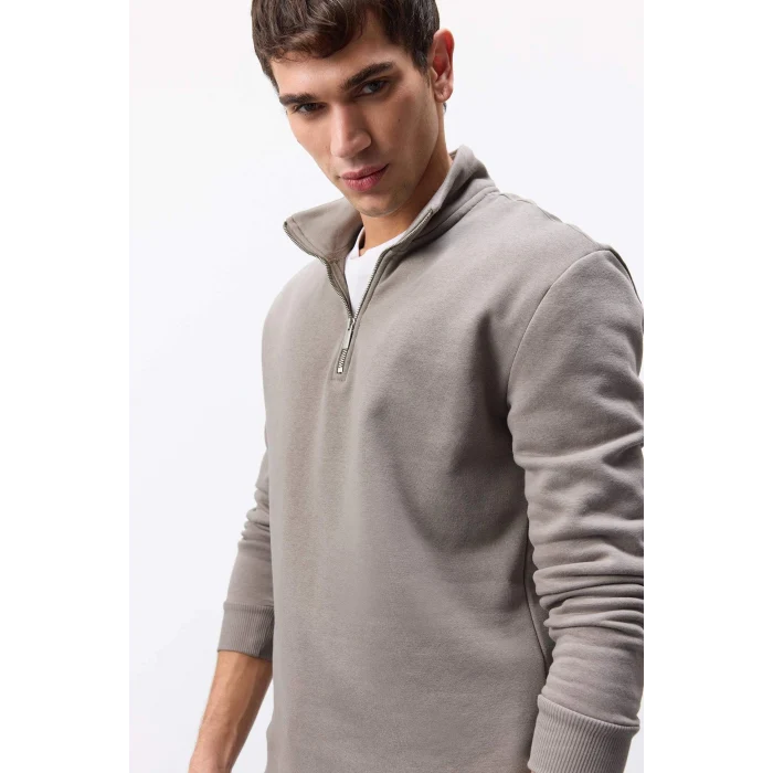 Defacto X7405 Haki Comfort Regular Fit Rahat Kalıp Fermuarlı Dik Yaka Basic Düz Sweatshirt