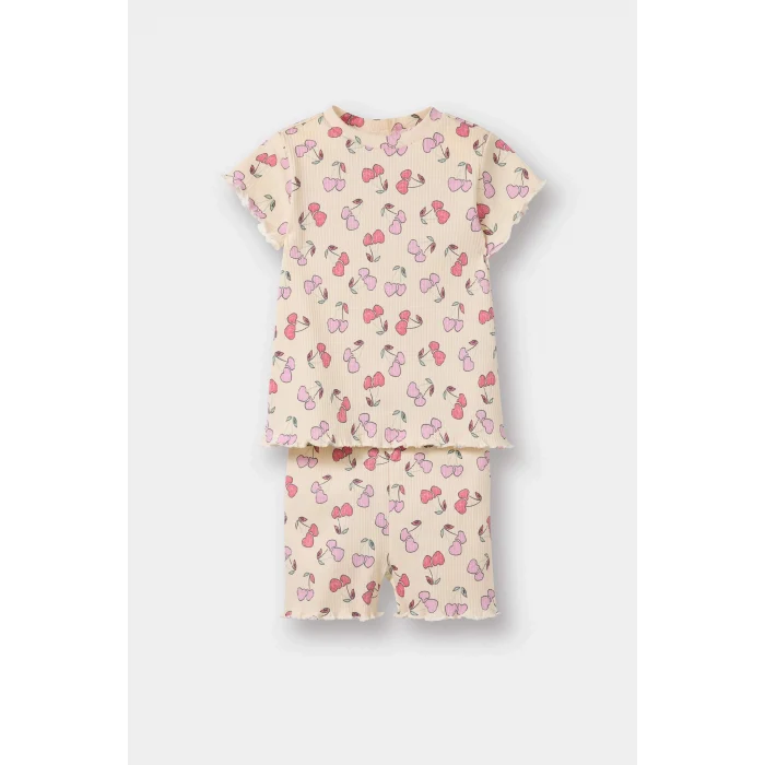 Defacto E0724 Ekru Kız Bebek 2li Takım Desenli Fitilli Kaşkorse Kısa Kollu Tişört Şort