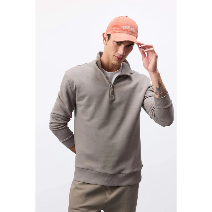 Defacto X7405 Haki Comfort Regular Fit Rahat Kalıp Fermuarlı Dik Yaka Basic Düz Sweatshirt