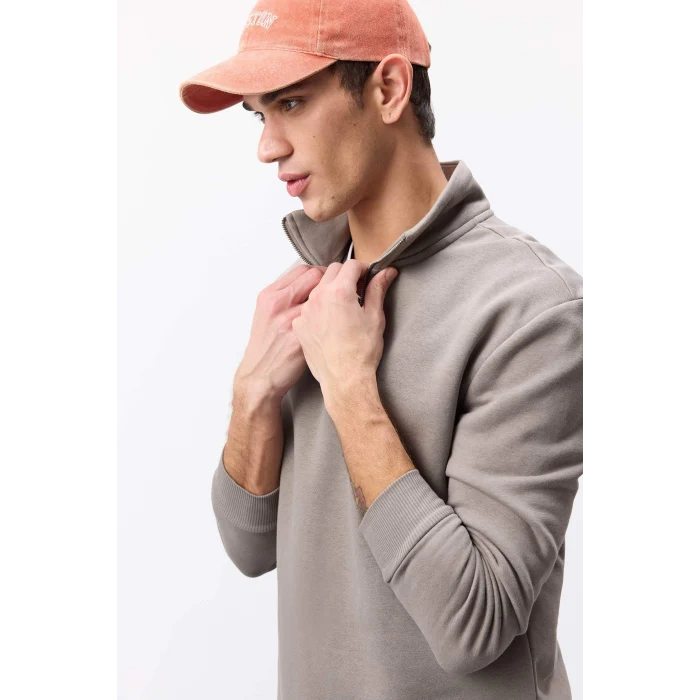 Defacto X7405 Haki Comfort Regular Fit Rahat Kalıp Fermuarlı Dik Yaka Basic Düz Sweatshirt