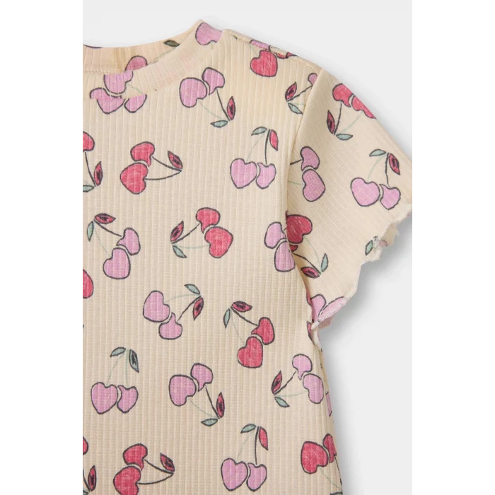 Defacto E0724 Ekru Kız Bebek 2li Takım Desenli Fitilli Kaşkorse Kısa Kollu Tişört Şort