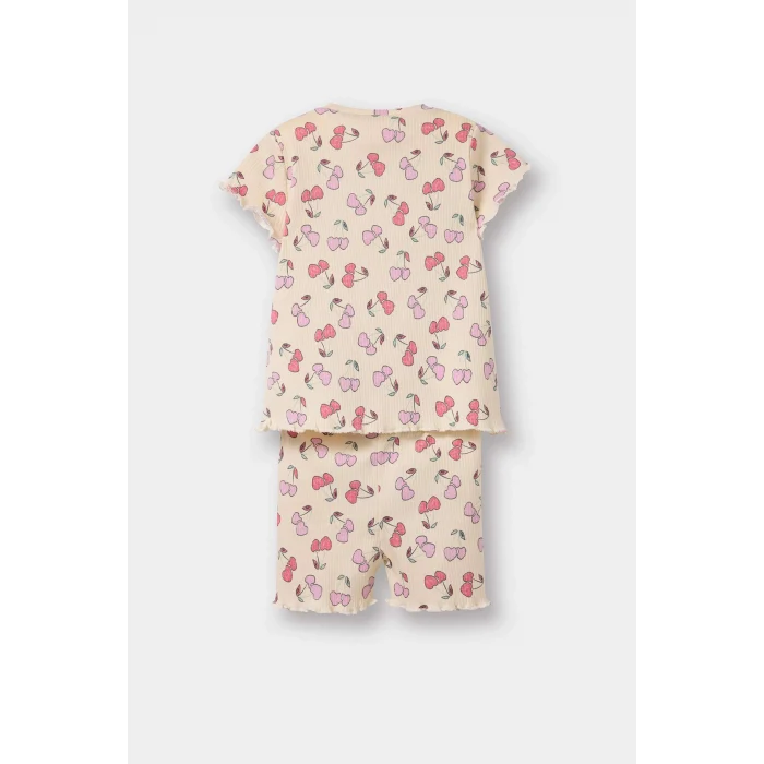 Defacto E0724 Ekru Kız Bebek 2li Takım Desenli Fitilli Kaşkorse Kısa Kollu Tişört Şort