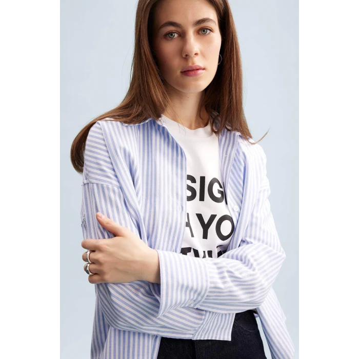 Defacto D4512 Mavi Oversize Geniş Kalıp Çizgili Oxford Uzun Kollu Gömlek