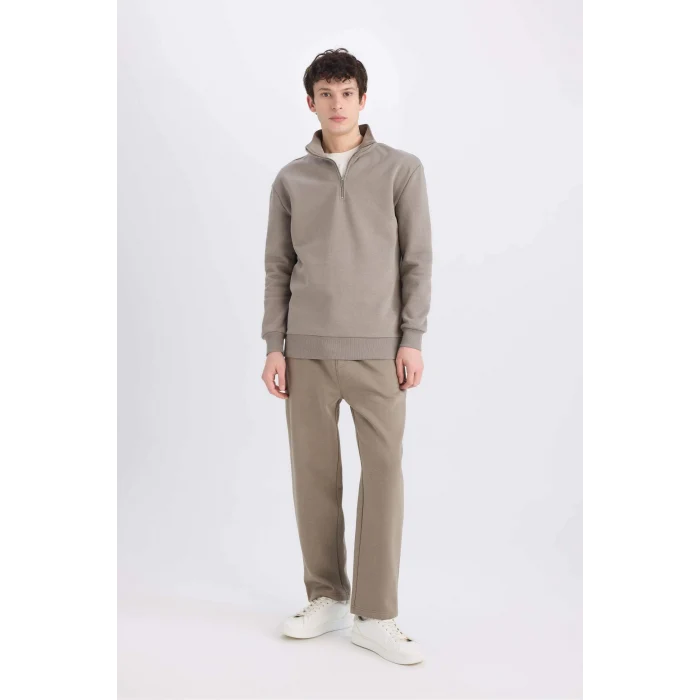 Defacto X7405 Haki Comfort Regular Fit Rahat Kalıp Fermuarlı Dik Yaka Basic Düz Sweatshirt