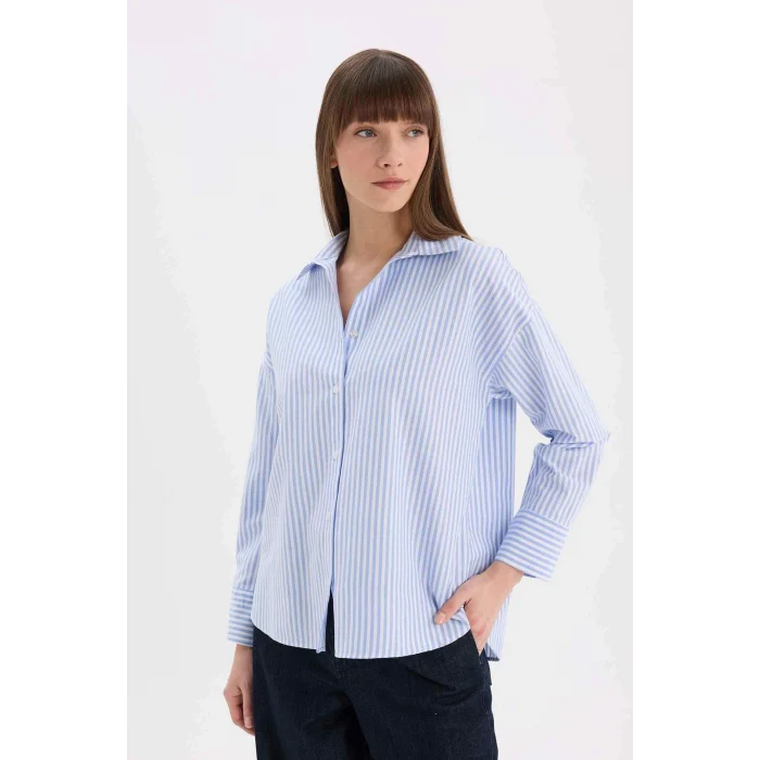 Defacto D4512 Mavi Oversize Geniş Kalıp Çizgili Oxford Uzun Kollu Gömlek