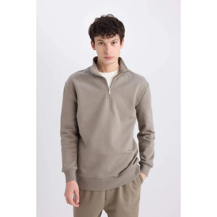 Defacto X7405 Haki Comfort Regular Fit Rahat Kalıp Fermuarlı Dik Yaka Basic Düz Sweatshirt