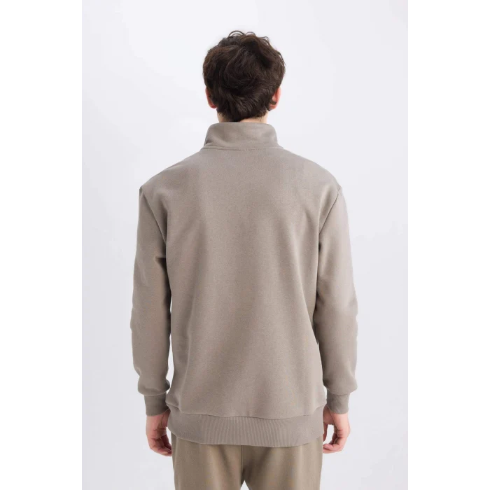 Defacto X7405 Haki Comfort Regular Fit Rahat Kalıp Fermuarlı Dik Yaka Basic Düz Sweatshirt