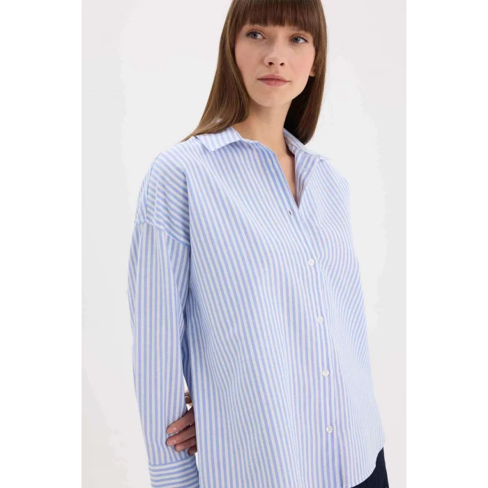 Defacto D4512 Mavi Oversize Geniş Kalıp Çizgili Oxford Uzun Kollu Gömlek