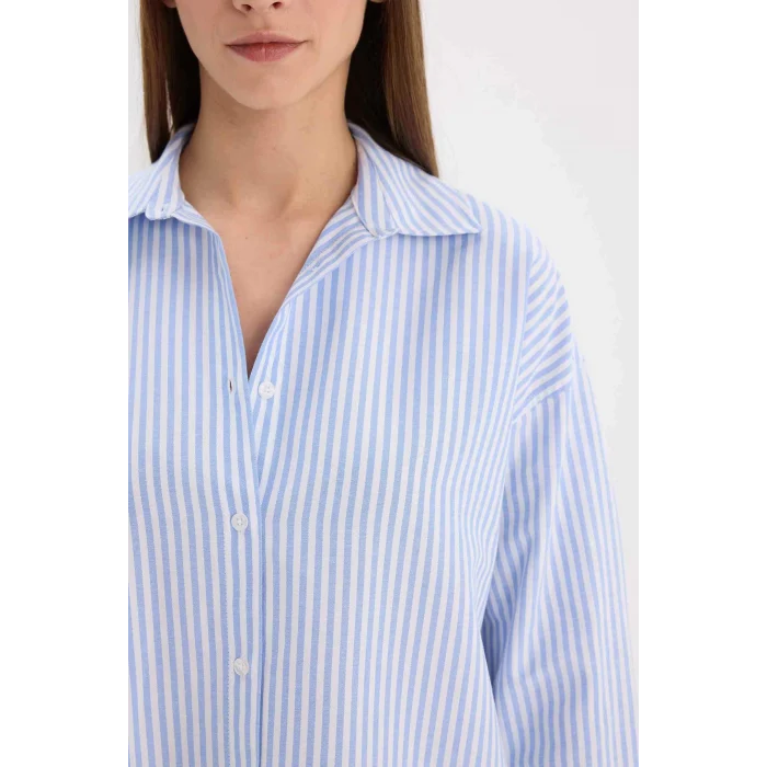 Defacto D4512 Mavi Oversize Geniş Kalıp Çizgili Oxford Uzun Kollu Gömlek