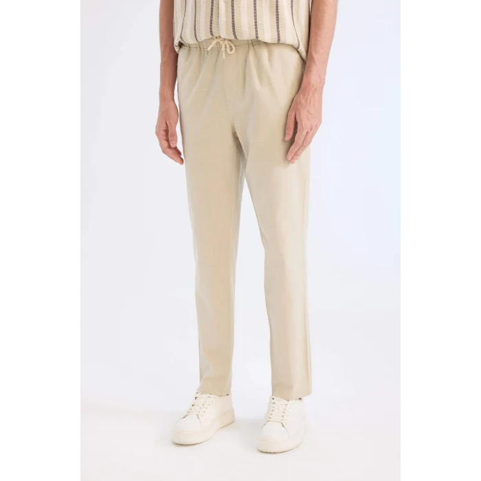 Defacto Z6475 Bej %100 Pamuk Keten Görünümlü Yazlık Jogger Pantolon Dar Paça Beli Bağcıklı Lastikli Cepli