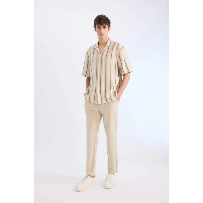 Defacto Z6475 Bej %100 Pamuk Keten Görünümlü Yazlık Jogger Pantolon Dar Paça Beli Bağcıklı Lastikli Cepli