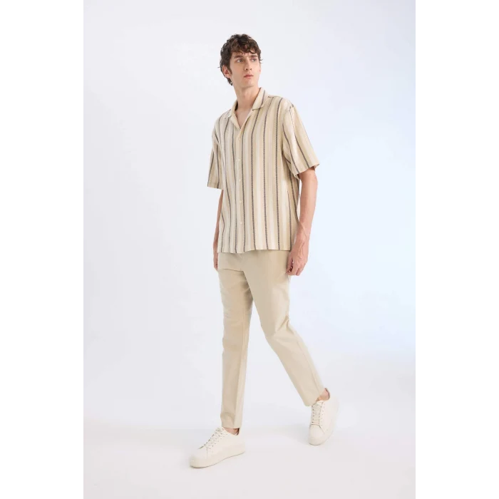 Defacto Z6475 Bej %100 Pamuk Keten Görünümlü Yazlık Jogger Pantolon Dar Paça Beli Bağcıklı Lastikli Cepli