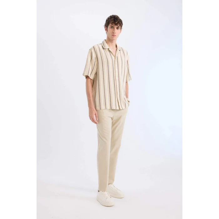 Defacto Z6475 Bej %100 Pamuk Keten Görünümlü Yazlık Jogger Pantolon Dar Paça Beli Bağcıklı Lastikli Cepli