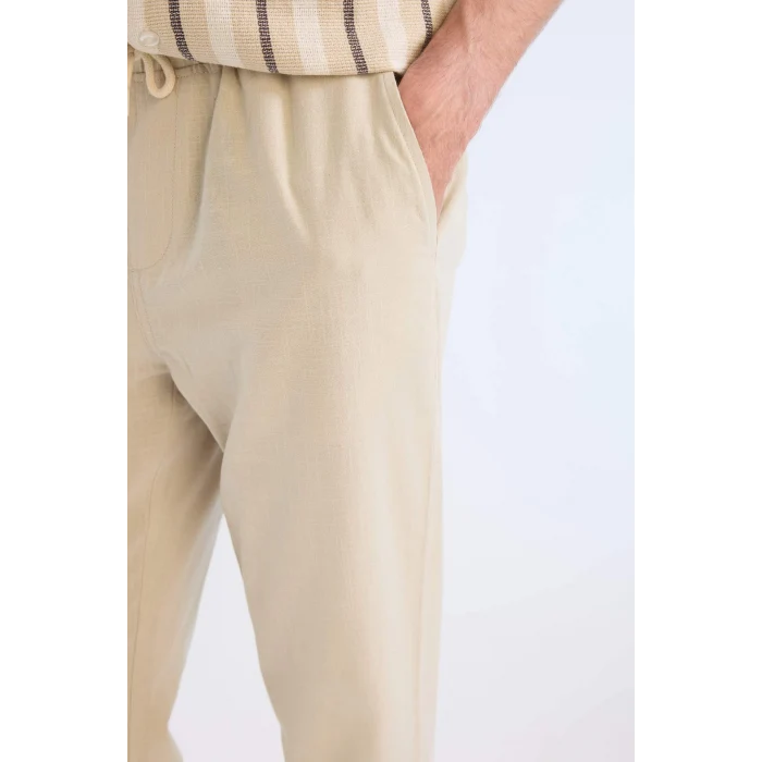 Defacto Z6475 Bej %100 Pamuk Keten Görünümlü Yazlık Jogger Pantolon Dar Paça Beli Bağcıklı Lastikli Cepli