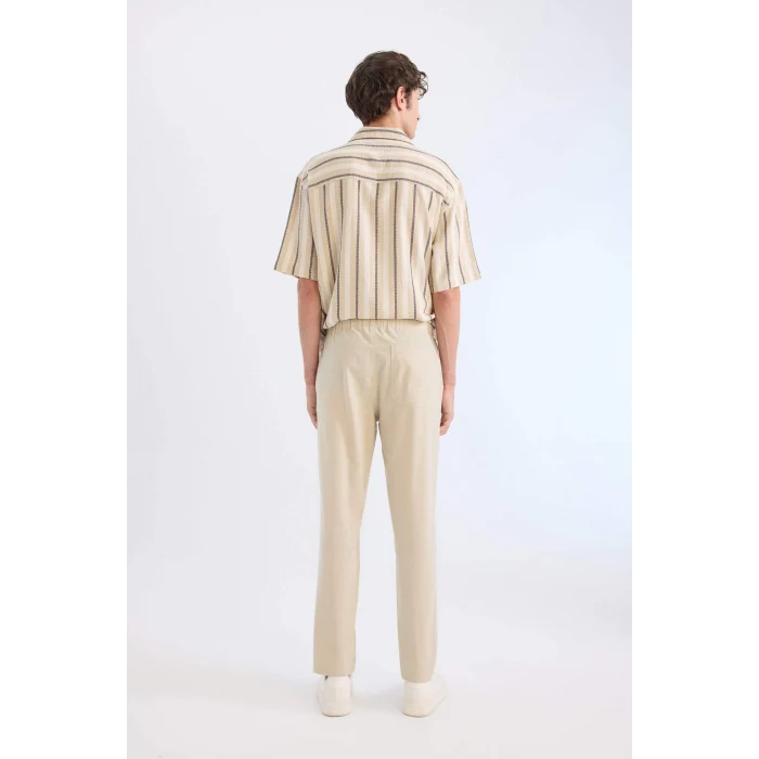 Defacto Z6475 Bej %100 Pamuk Keten Görünümlü Yazlık Jogger Pantolon Dar Paça Beli Bağcıklı Lastikli Cepli