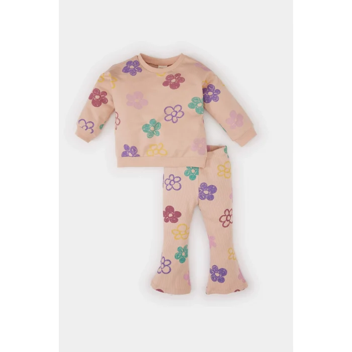 Defacto E0200 Pembe Kız Bebek 2li Takım Çiçekli Bisiklet Yaka Sweatshirt Beli Lastikli İspanyol Paça Alt