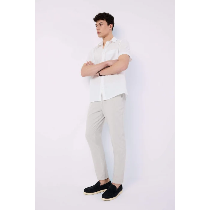 Defacto Z6475 Gri %100 Pamuk Keten Görünümlü Yazlık Jogger Pantolon Dar Paça Beli Bağcıklı Lastikli Cepli