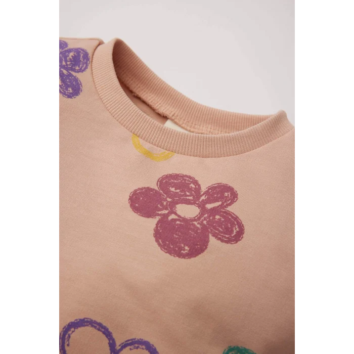 Defacto E0200 Pembe Kız Bebek 2li Takım Çiçekli Bisiklet Yaka Sweatshirt Beli Lastikli İspanyol Paça Alt