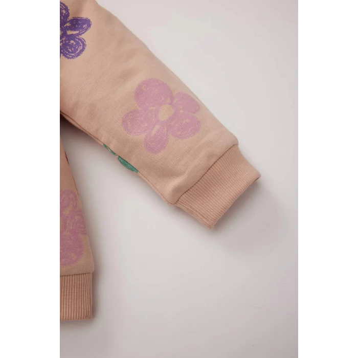 Defacto E0200 Pembe Kız Bebek 2li Takım Çiçekli Bisiklet Yaka Sweatshirt Beli Lastikli İspanyol Paça Alt