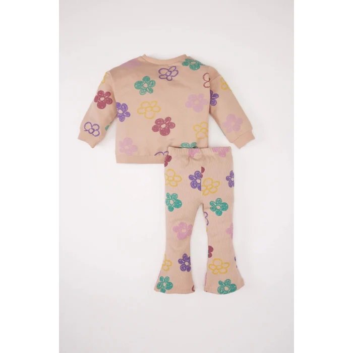 Defacto E0200 Pembe Kız Bebek 2li Takım Çiçekli Bisiklet Yaka Sweatshirt Beli Lastikli İspanyol Paça Alt
