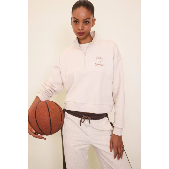Defacto D6123 Ekru DeFactoFit NBA Chicago Bulls Yarım Fermuarlı Sweatshirt