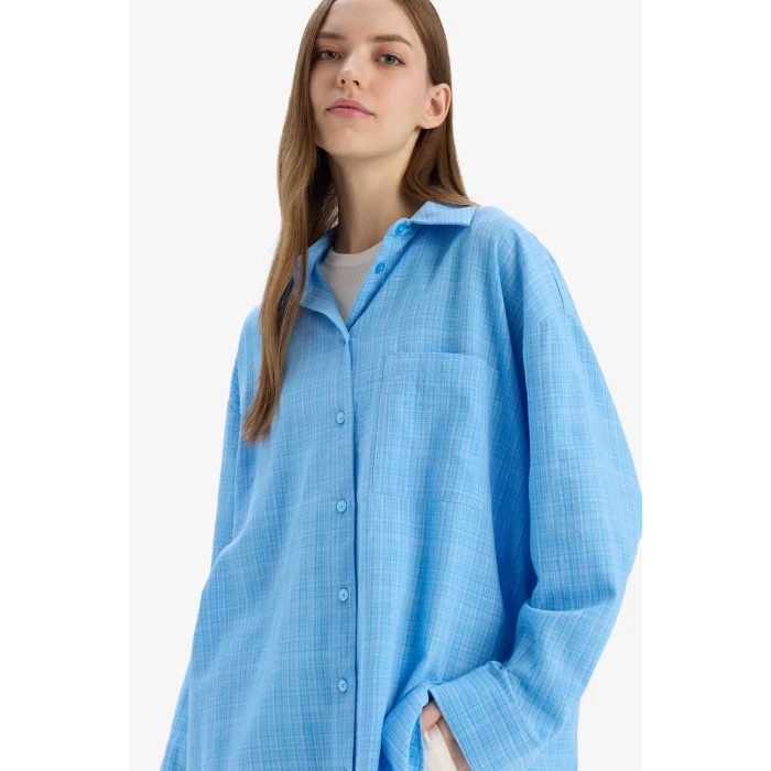 Defacto X2232 Mavi Oversize Geniş Kalıp Müslin Uzun Kollu Gömlek